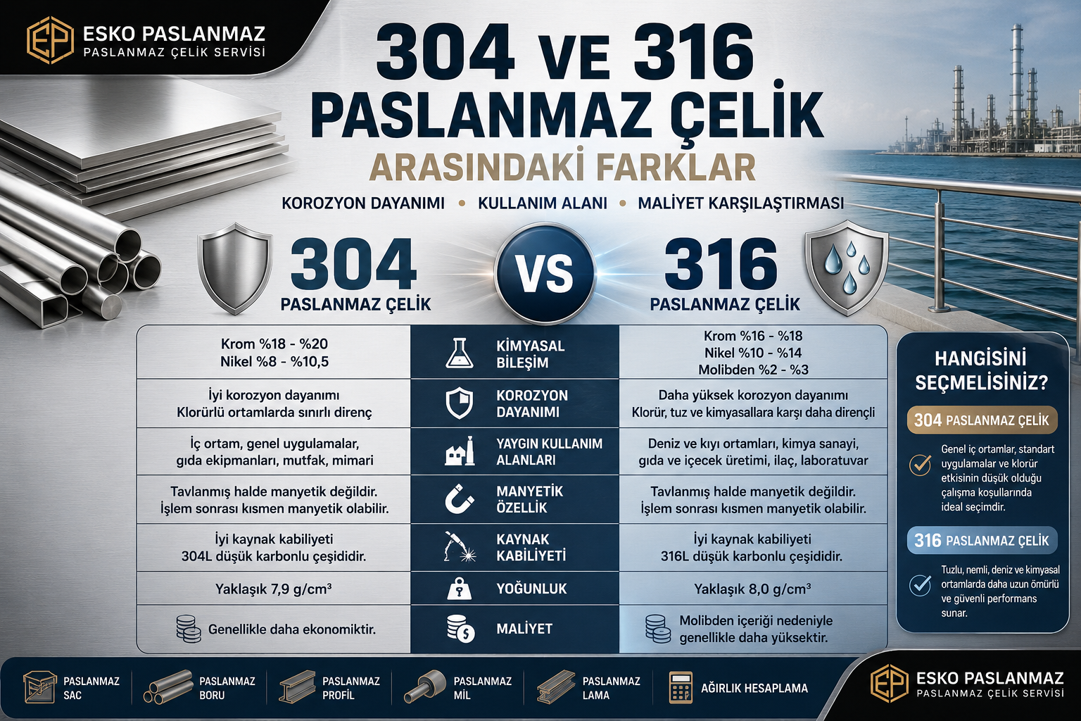 304 ve 316 Paslanmaz Çelik Arasındaki Farklar